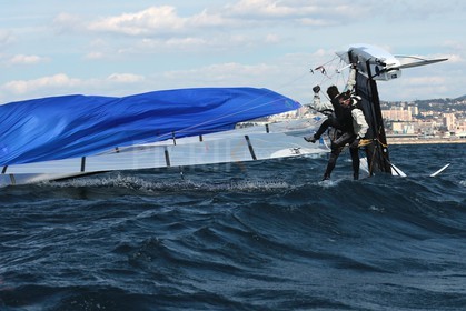 Ingrid Petitjean et Olivier Backes lors du baptême de leur Nacra 17 à la SNM. En route pour les JO de Rio