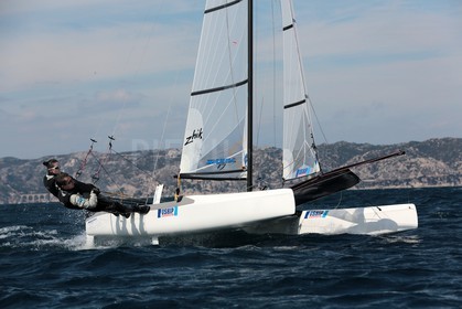 Ingrid Petitjean et Olivier Backes lors du baptême de leur Nacra 17 à la SNM. En route pour les JO de Rio